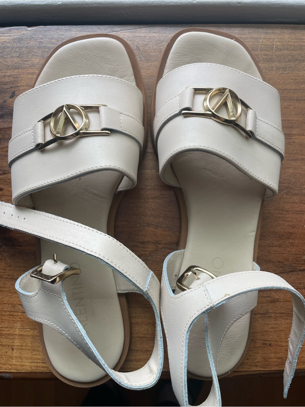 Valentino White Leather Gold-Accent Ankle Strap Sandals